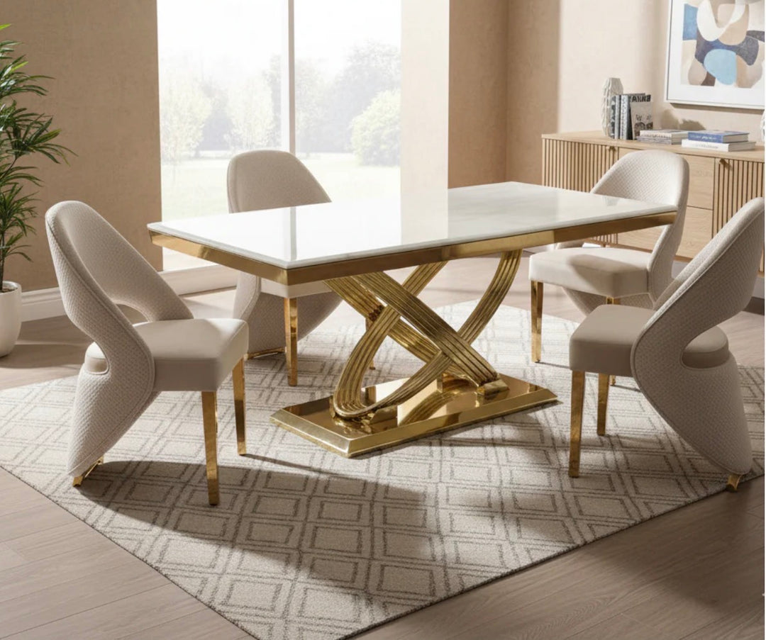 Rose Cream Gold Marble Dining Table with Santorini Cream Gold Dining Chairs