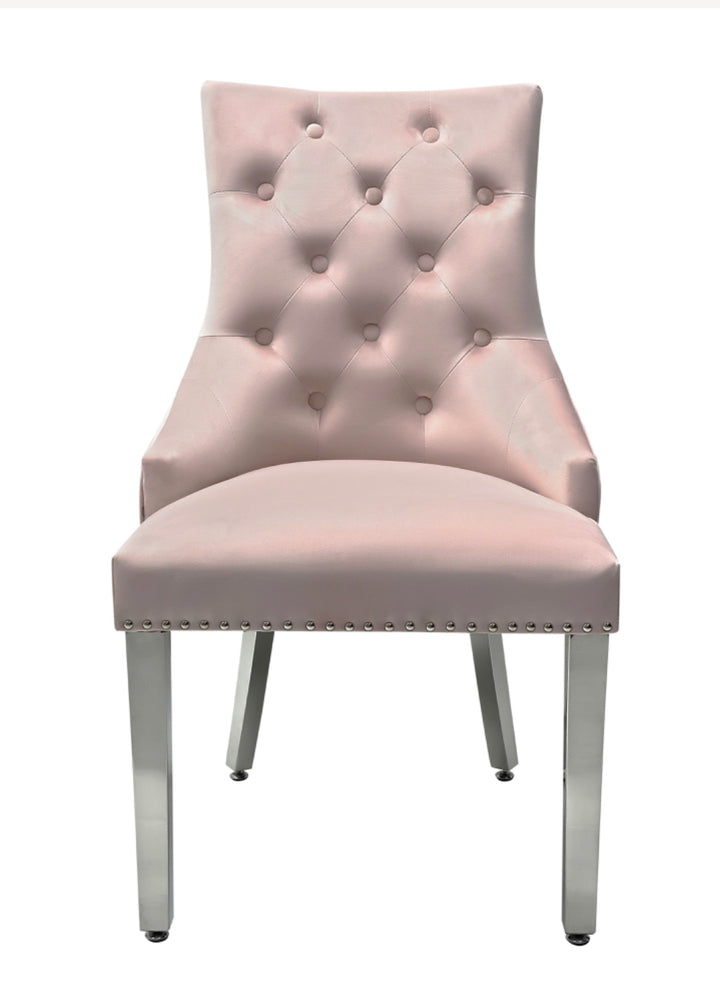 Louise Marble Dining Table with Majestic Pink Lion Knocker Chairs – Luxury Dining Set UK