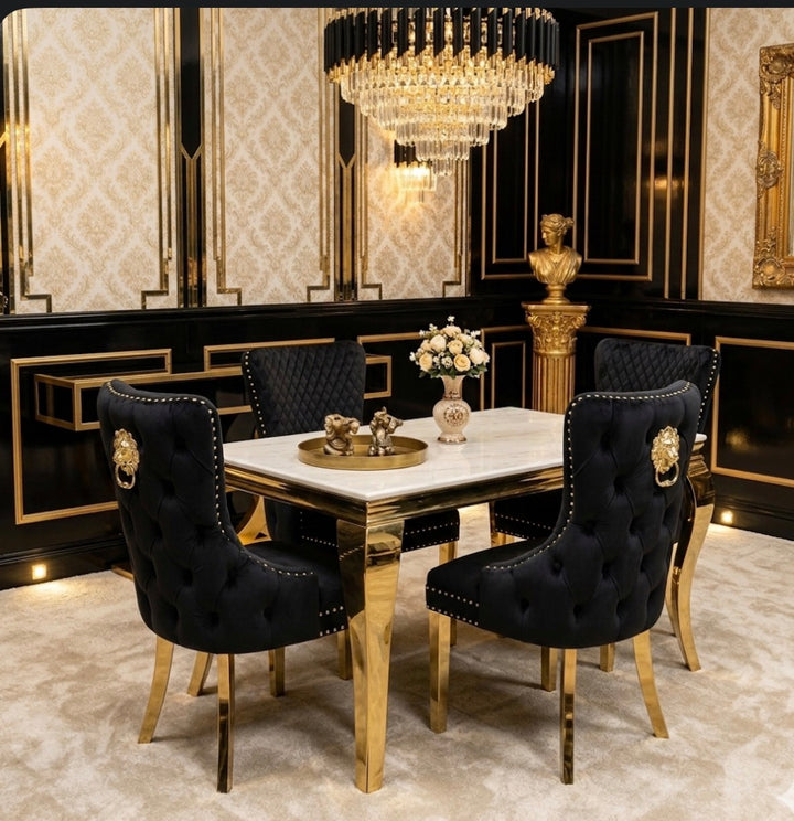 120cm Louise Gold Cream Marble Dining Set + Cream Gold Lion Knocker Chairs