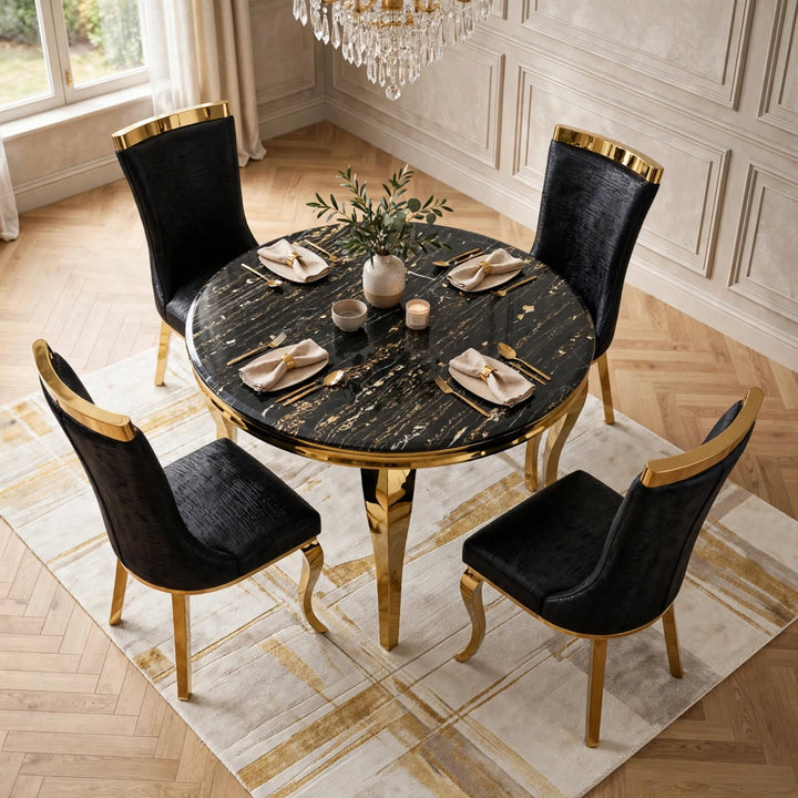 110cm Round Cream And Gold Dining Table Set with 4 Roxby Cream And Gold Velvet Chairs