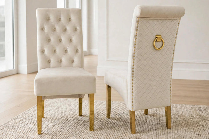 Sorrento White & Gold Marble Dining Table with Sofia Cream & Gold Velvet Dining Chairs