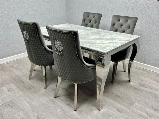 Louis Marble Dining Table + Majestic Lion Knocker Chairs