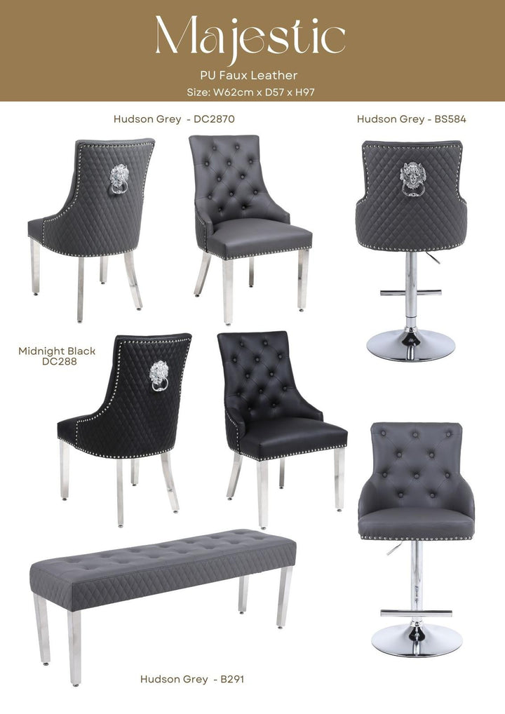 Ariel Grey Marble Dining Table with Dark Grey PU Leather Dining Chairs – Modern Luxury Dining Set