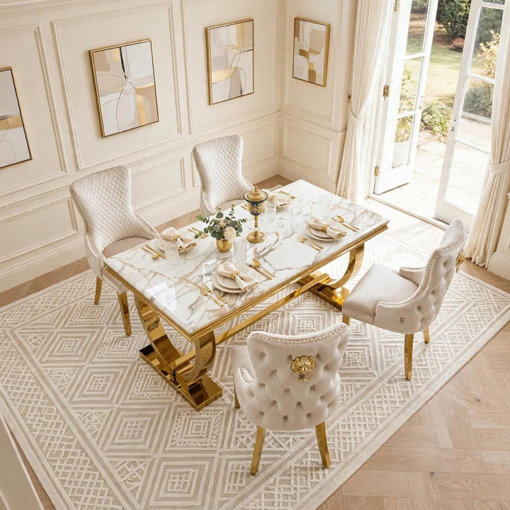 Arianna White & Gold Marble Dining Table with Victoria Cream & Gold Velvet Chairs