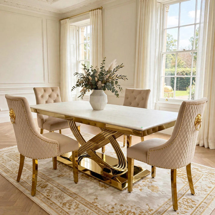 Rose Cream & Gold Marble Dining Table with Mink & Gold Lion Knocker Velvet Chairs
