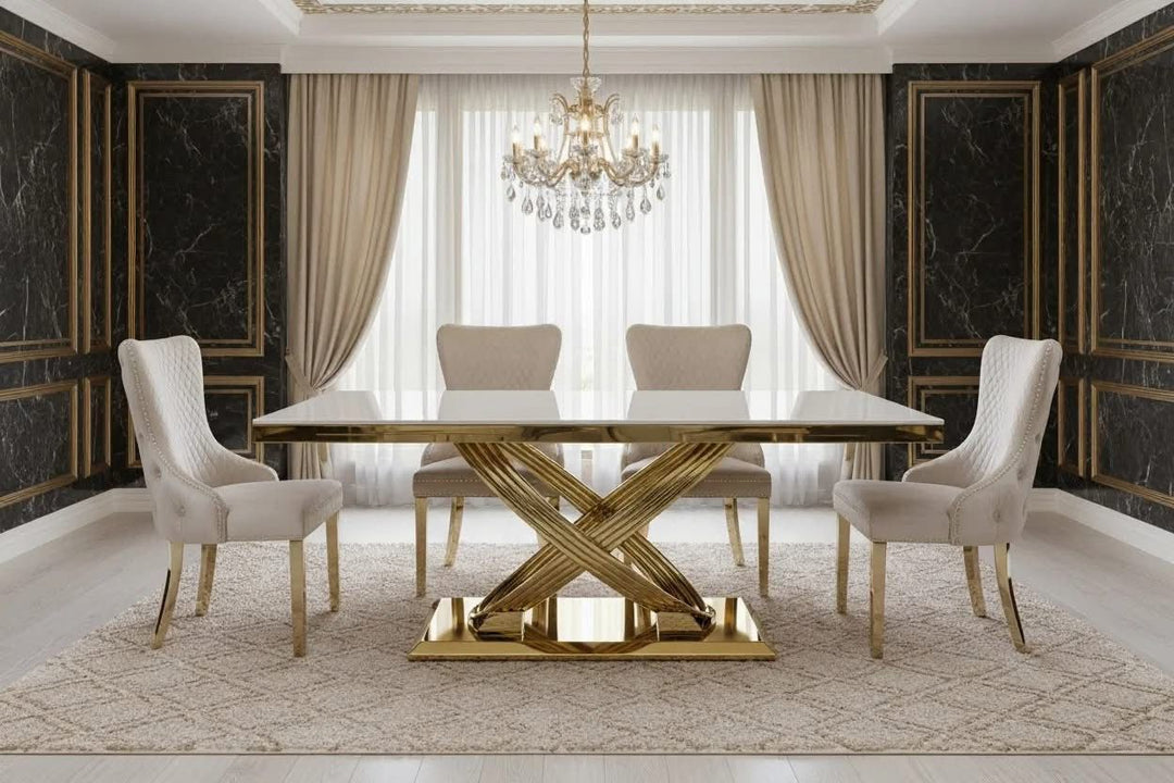 Rose Gold Marble Dining Table Cream + Victoria Cream And Gold Dining Chairs