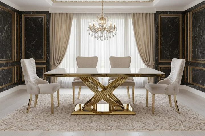 Rose Gold Marble Dining Table Cream + Victoria Cream And Gold Dining Chairs