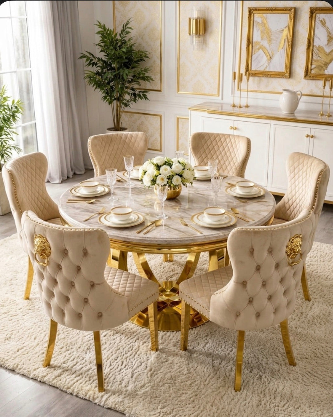  “130cm gold dining table with mink velvet chairs UK”