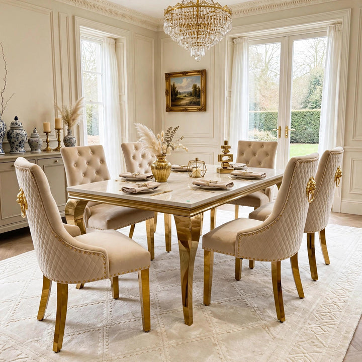 Louise Gold Cream Marble Dining Table with Mink & Gold Lion Knocker Velvet Chairs – 4, 6 & 8 Seater