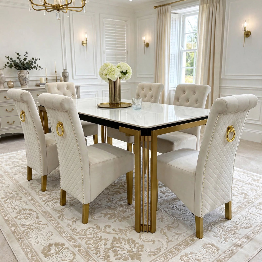 Sorrento White & Gold Marble Dining Table with Sofia Cream & Gold Velvet Dining Chairs