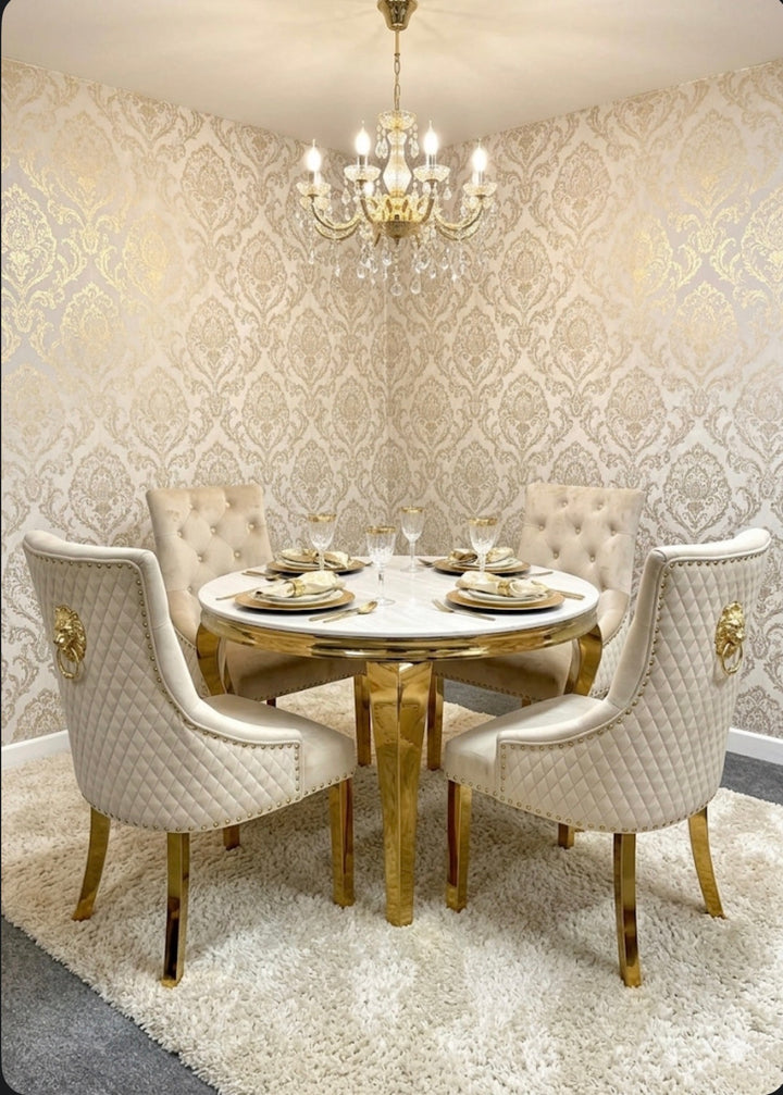 130cm & 110cm Gold Round Dining Table with Cream Marble & Gold Mink Lion Knocker Chairs – Luxury Dining Set UK
