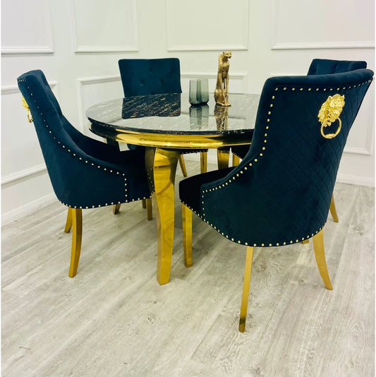 Louis 130cm Round Black/ Gold Marble Dining Table + Majestic Black Gold Lion Knocker Dining Chairs