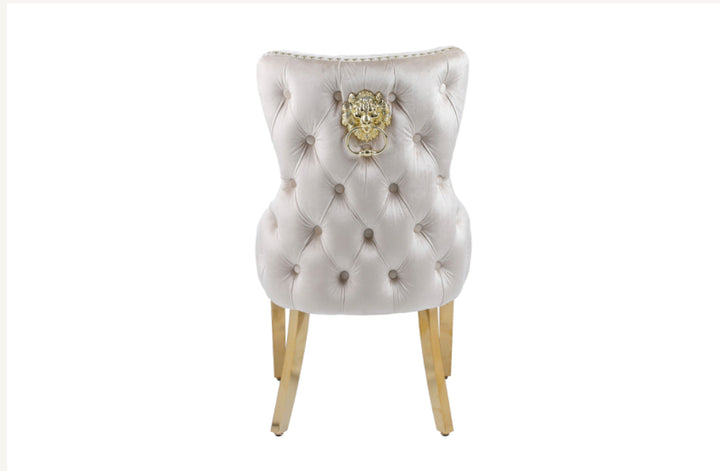 Louis Cream Gold Marble Dining Table + Victoria Black And Gold Dining Chairs Lion Knocker