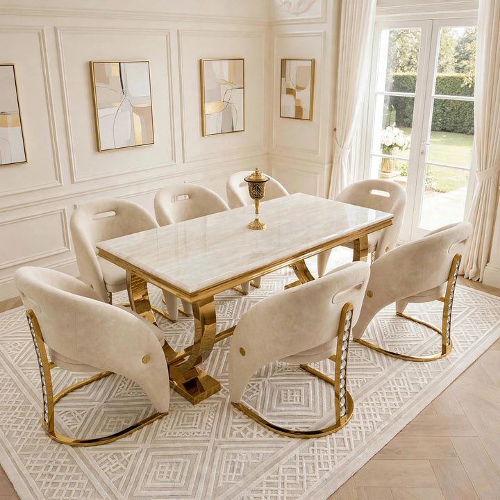 Arriana Cream & Gold Marble Dining Table with Rome Cream & Gold Crystal Velvet Chairs