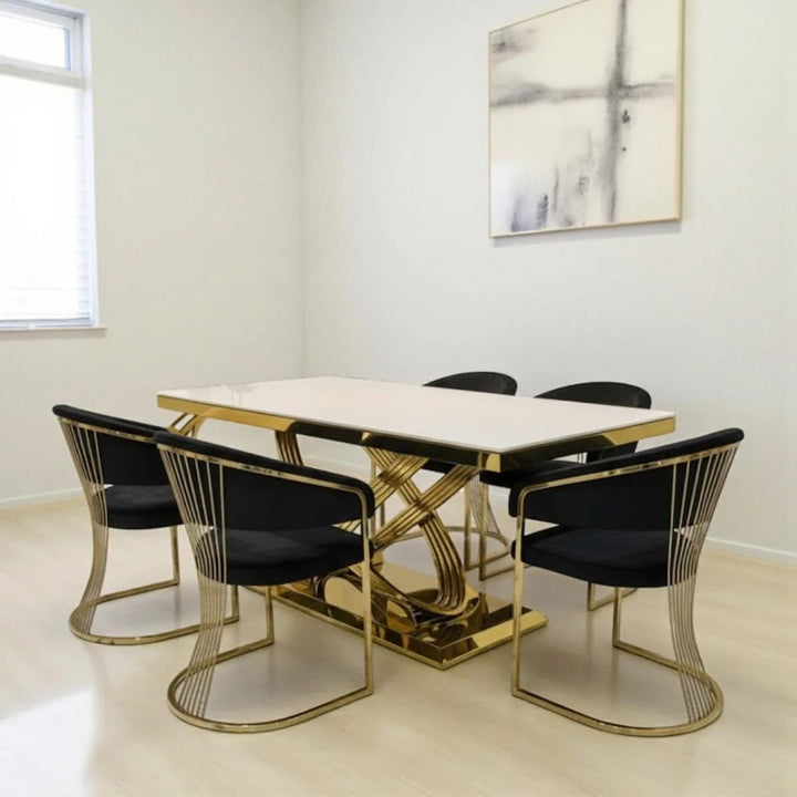 Rose 160cm Cream Marble Dining Table + Porado Cream And Gold Dining Chairs