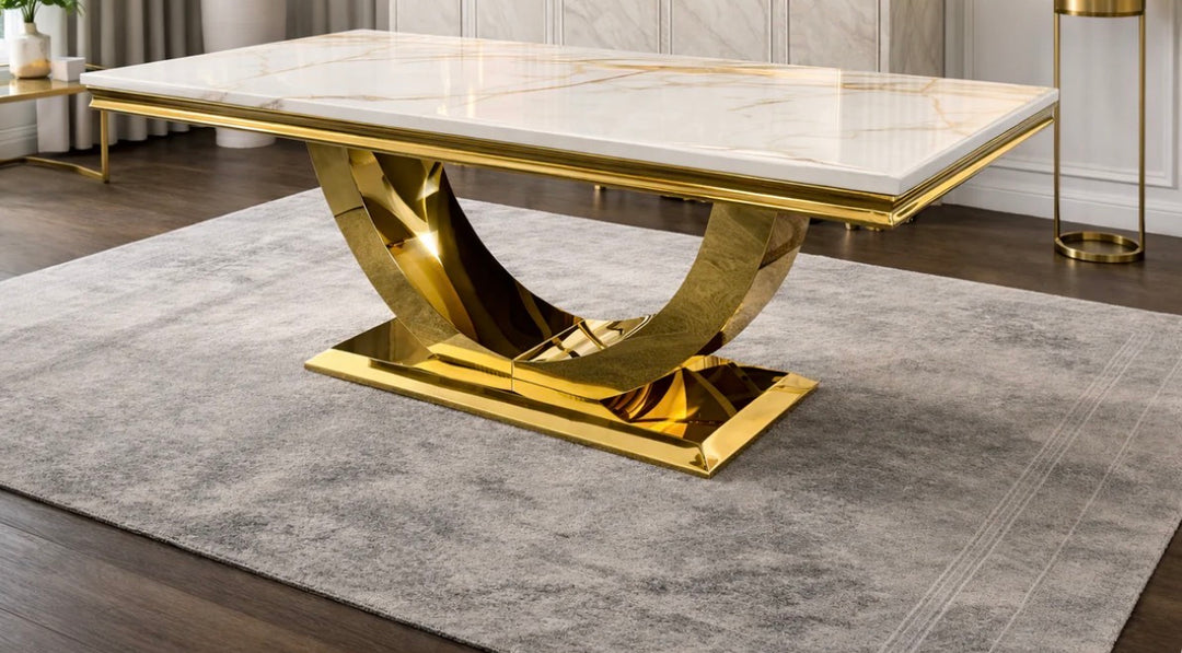 London Gold Marble Dining Table Set with California Cream & Gold Dining Chairs | Luxury UK Dining Furniture