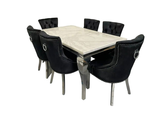 Louis White Marble Dining Table + Duke Dining Chairs Ring knocker