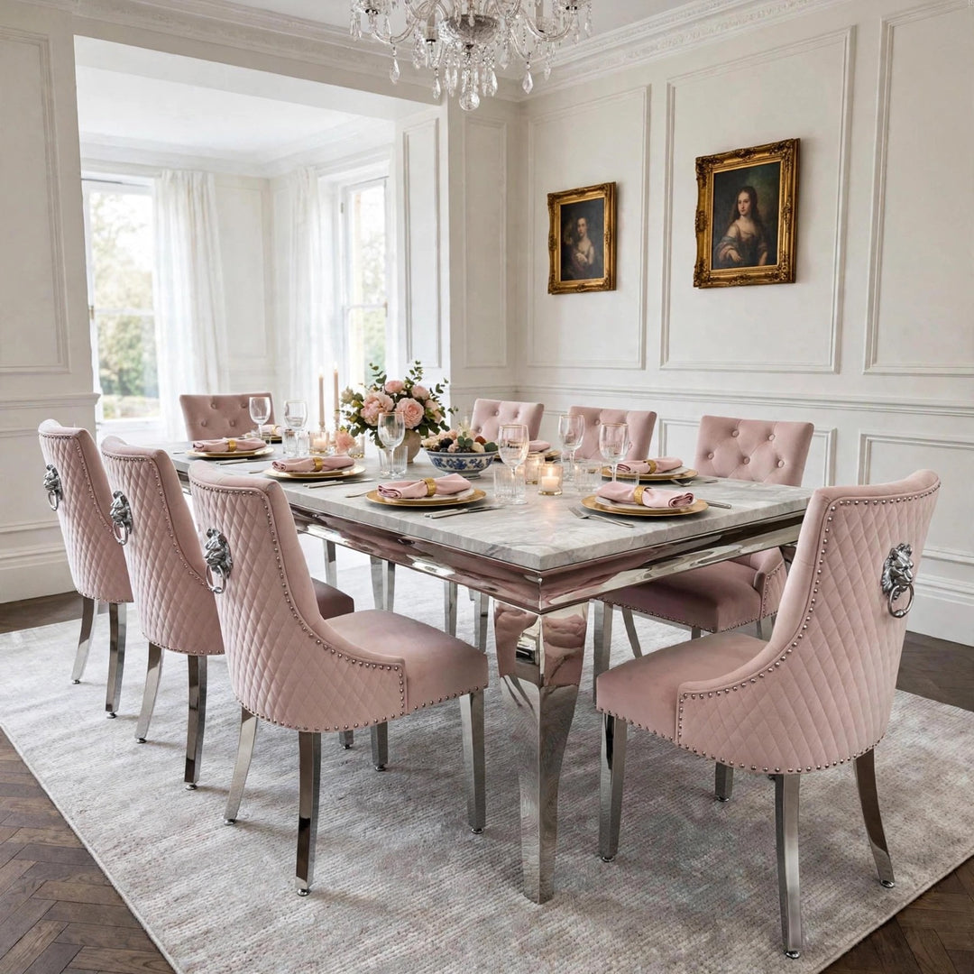Louise Marble Dining Table with Majestic Pink Lion Knocker Chairs – Luxury Dining Set UK