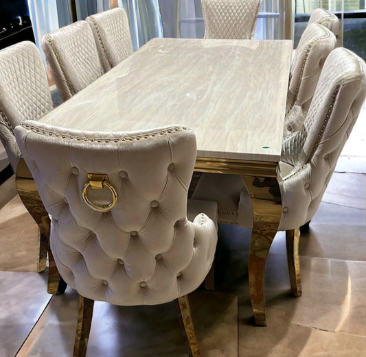 2M Louis Gold Marble Dining Table + Victoria Gold Dining Chairs Ring Knocker