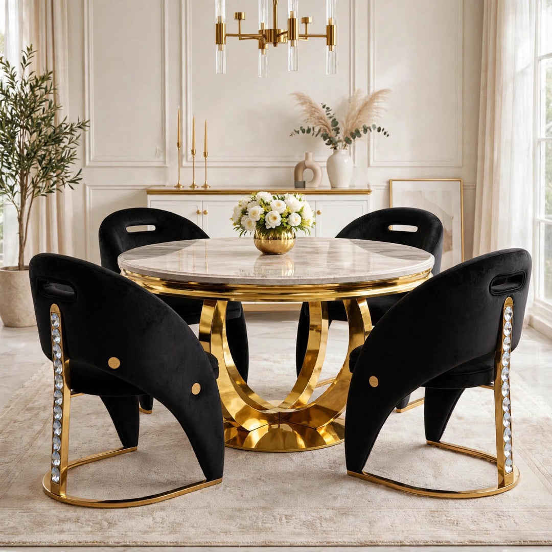 130cm Chelsea Round Dining Table with Rome Crystal Chairs – Black & Gold | Luxury Dining Set