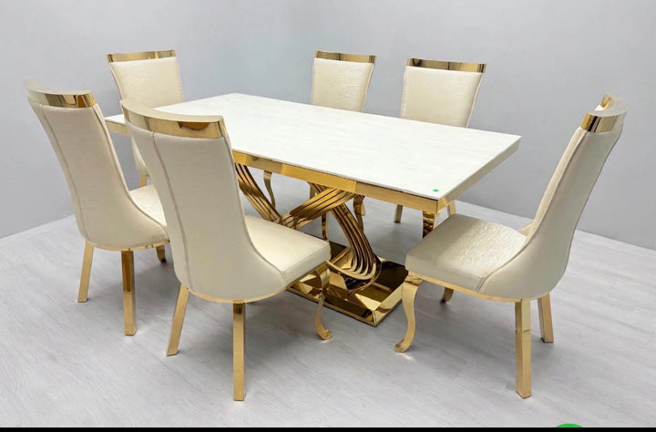 Rose Cream & Gold Marble Dining Table with Roxby Cream & Gold Dining Chairs | Luxury Dining Set