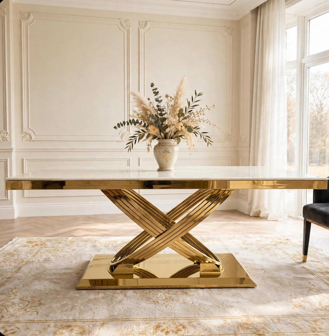 Rose Gold Cream Marble Dining Table With Victoria Cream And Gold Dining Chairs