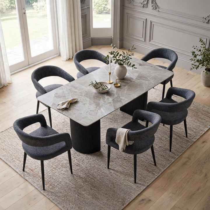 Olympia 160cm Grey Ceramic Marble Dining Table & 4 Grey Velvet Chairs