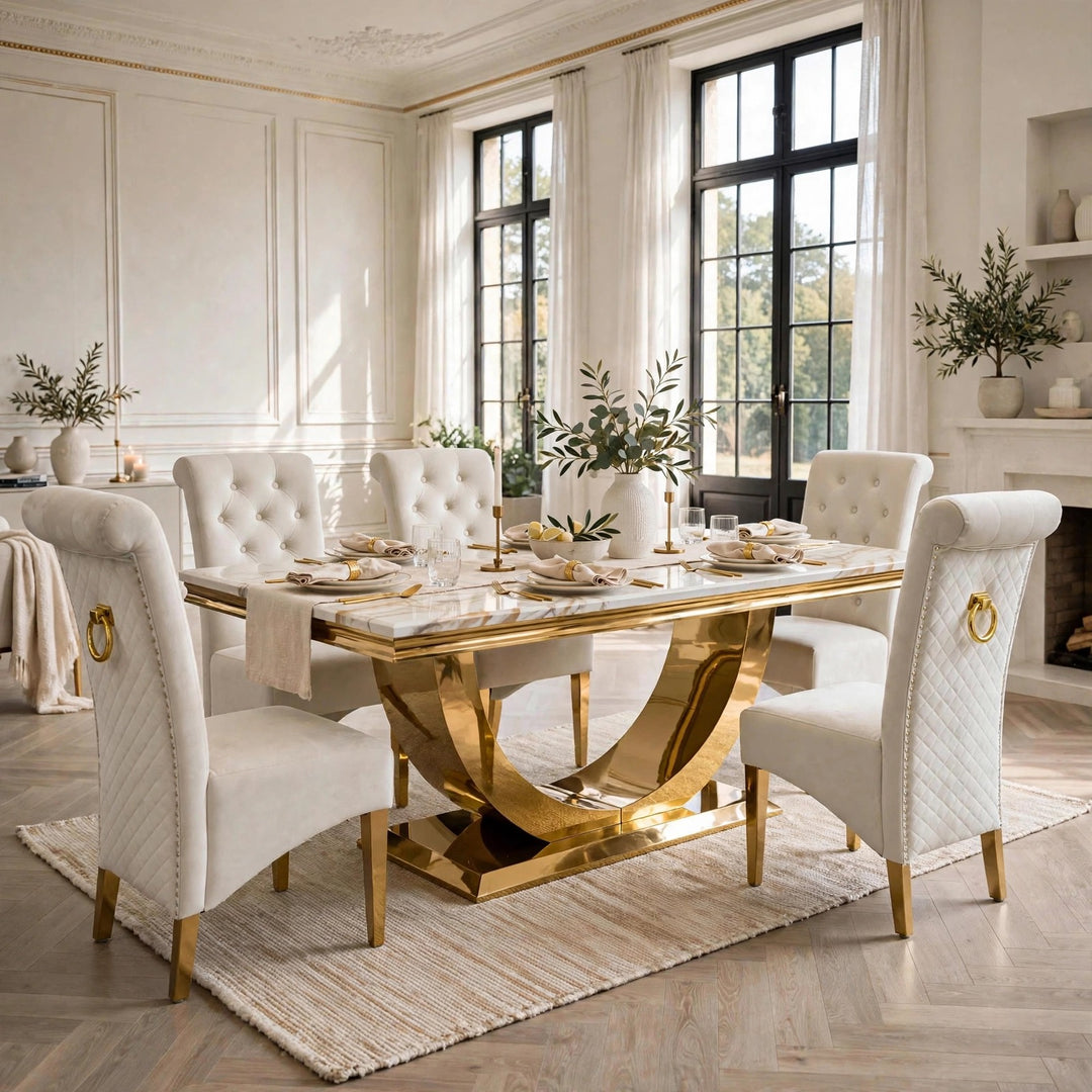 London White & Gold Marble Dining Table with Cream And Gold Lucy Velvet Dining Chairs