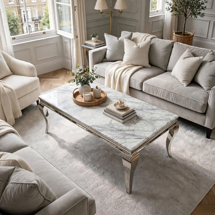 Louise Marble Coffee Table - Modern Uk Living Room Table - Multiple Colours Available