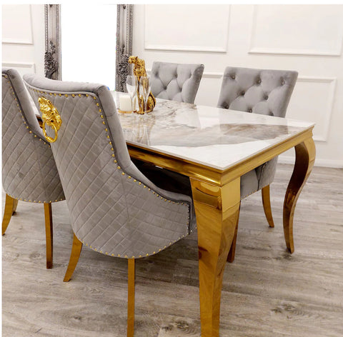 Louis White Gold Dining Table + Majestic Grey and Gold Dining Chair