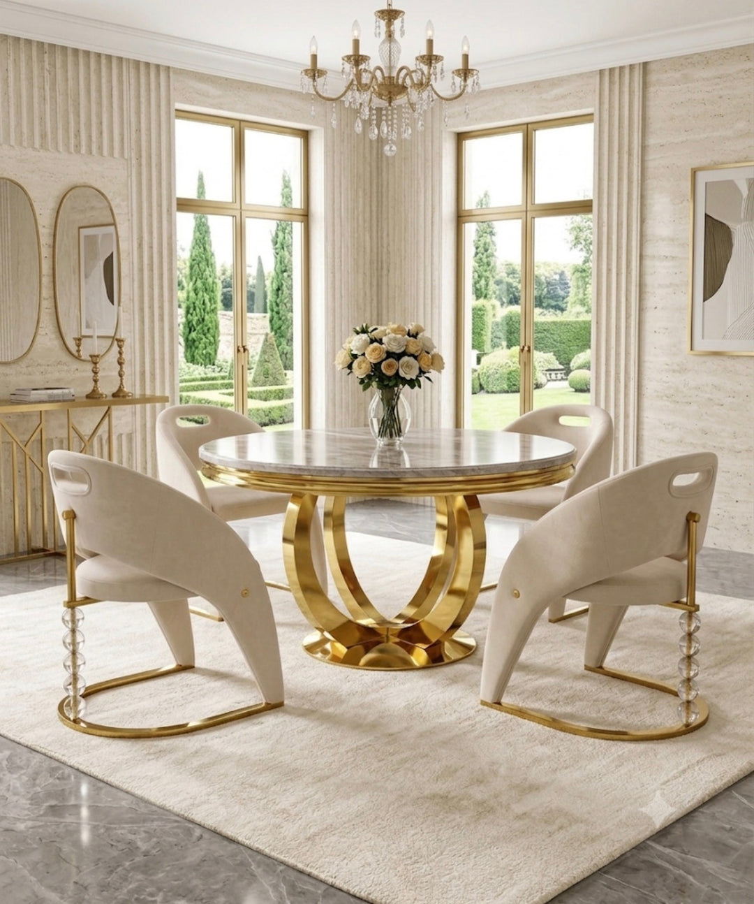 130cm Chelsea Round Dining Table with Rome Crystal Chairs – Cream & Gold | Luxury Dining Set