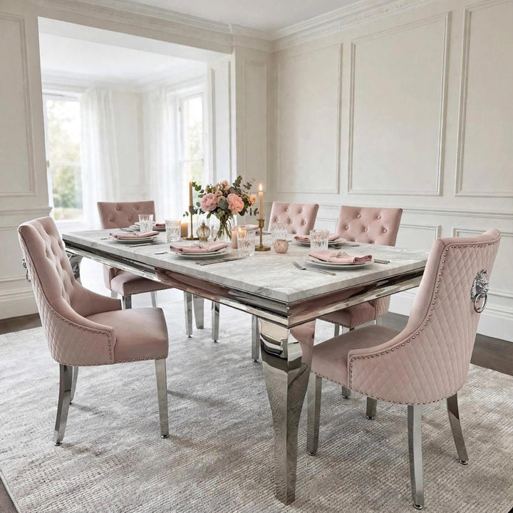 Louise Marble Dining Table with Majestic Pink Lion Knocker Chairs – Luxury Dining Set UK