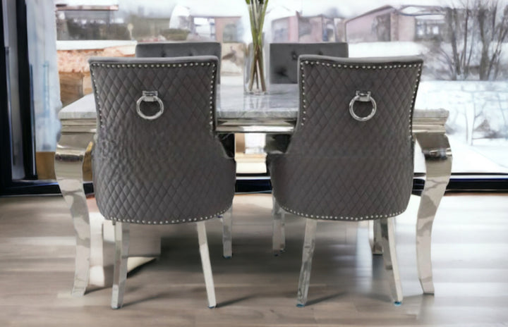 Louis Marble Dining Table + Majestic Dining Chairs Ring Knocker Dark Grey