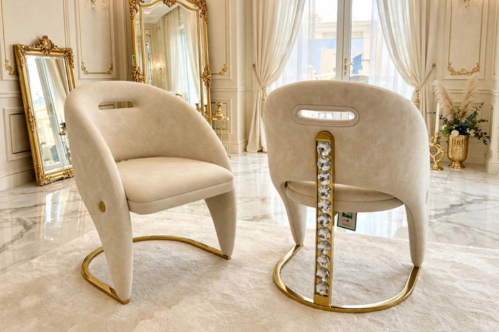 Louise White & Gold Marble Dining Table with Rome Cream & Gold Crystal Velvet Dining Chairs