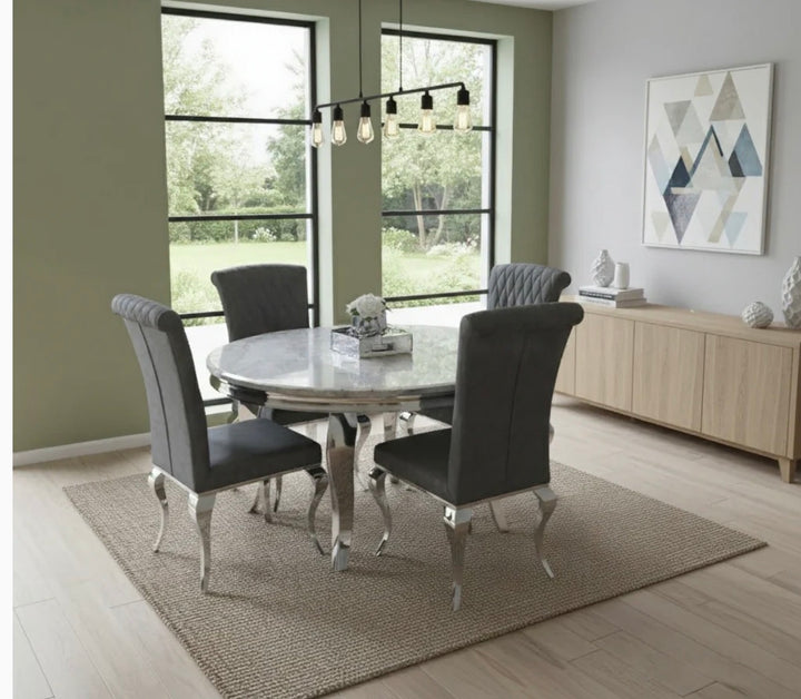 Round Grey Marble Dining Table Set with 4 Nichole Leather Dark Grey Chairs