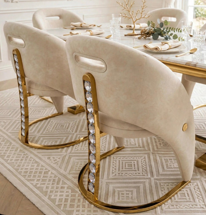 Arriana White & Gold Marble Dining Table with Rome Cream & Gold Crystal Velvet Chairs