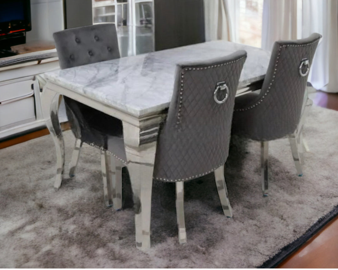 Louis Marble Dining Table + Majestic Dining Chairs Ring Knocker Dark Grey