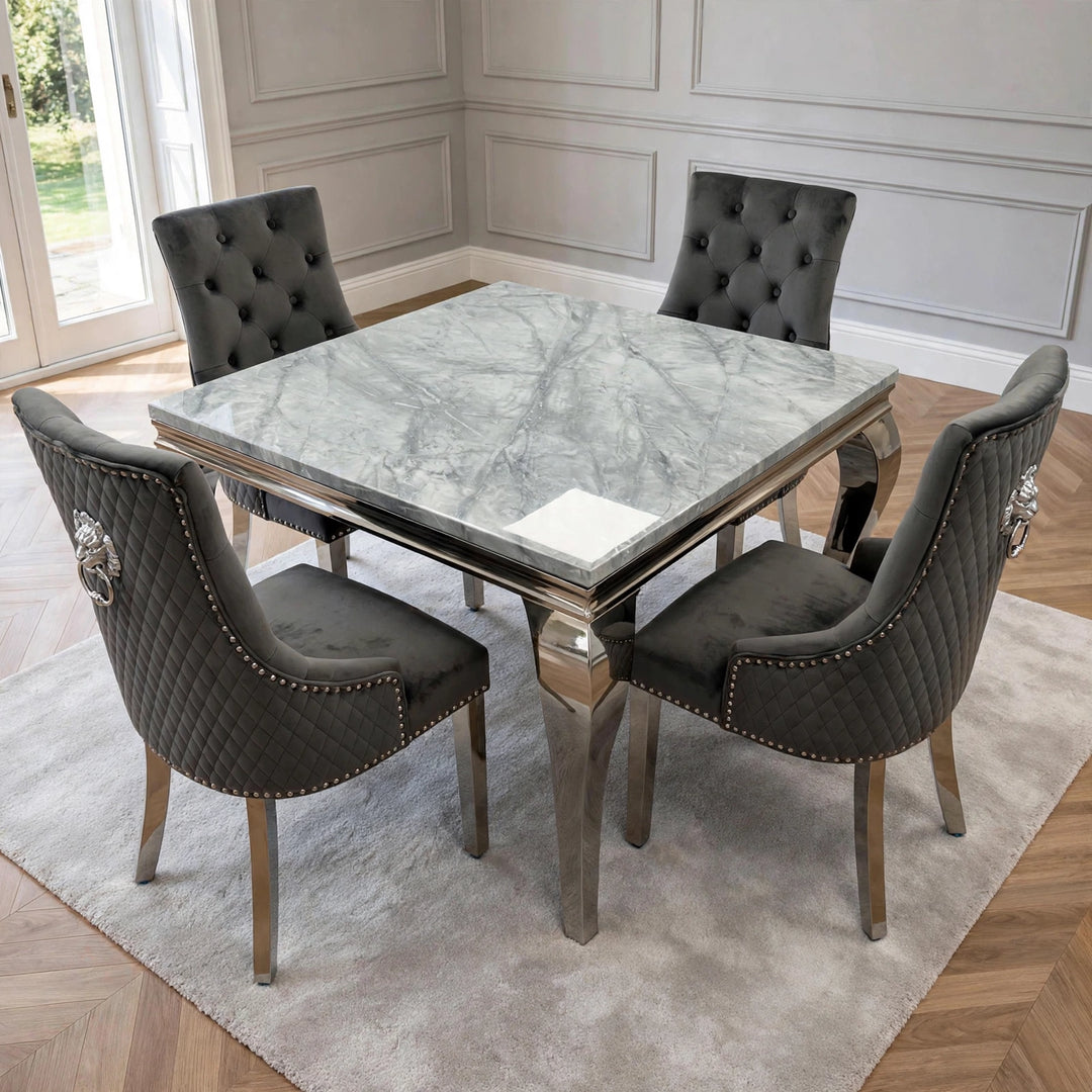 Louise 100cm Square Marble Dining Table with Dark Grey Velvet Chairs – 4 Seater