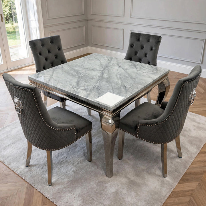 Louise 100cm Square Marble Dining Table with Dark Grey Velvet Chairs – 4 Seater