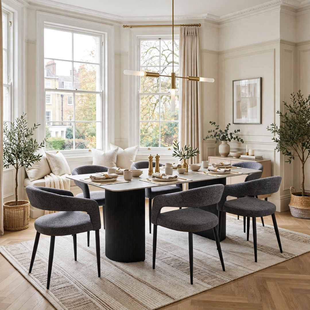 Olympia 160cm Grey Ceramic Marble Dining Table & 4 Grey Velvet Chairs