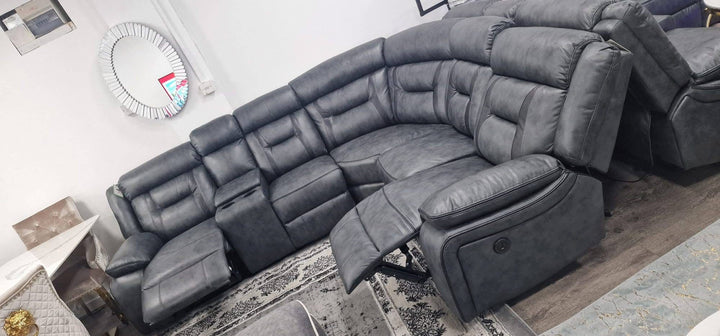 ELECTRIC RECLINER SOFA CORNER - Tech Fabric Sofa GREY WITH BLACK TRIM & Comes With Additional seat & console