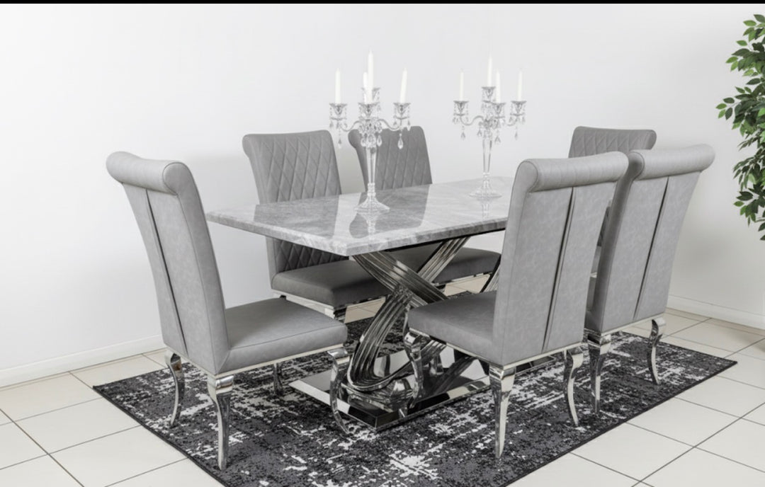 Rose 160cm Grey Marble Dining Table + London Leather Light Grey Dining Chairs