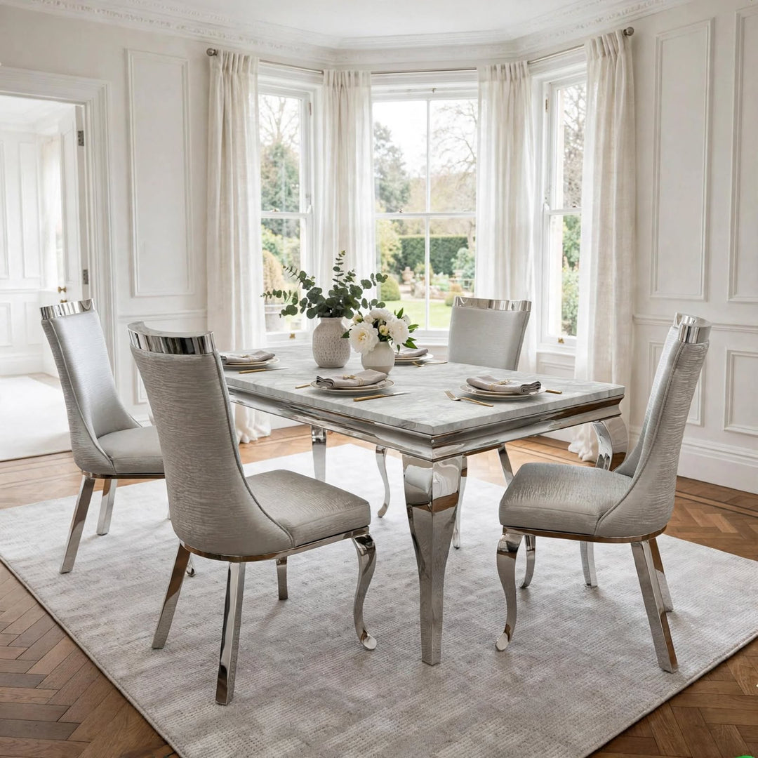 Louise Marble Dining Table & Roxby Silver Dining Chairs | Modern Marble Dining Set UK