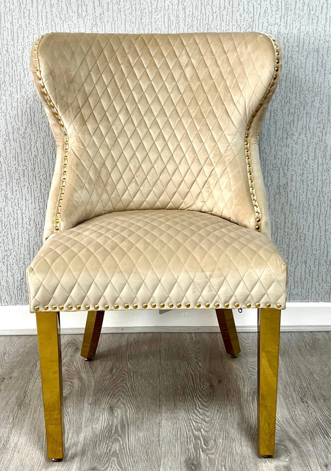 1.1M Round Table Cream And Gold + Gold Valentino Mink Lion Knocker Chairs