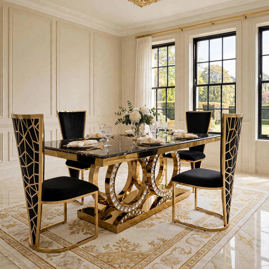 180cm Crystal Black & Gold Dining Table, Rose Black & Gold Chairs, Gold Dining Set UK
