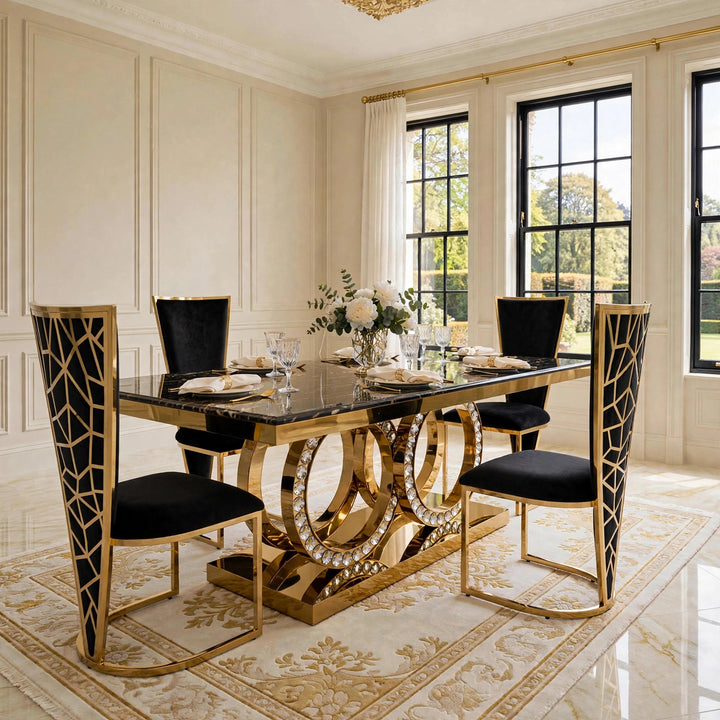 180cm Crystal Black & Gold Dining Table, Rose Black & Gold Chairs, Gold Dining Set UK