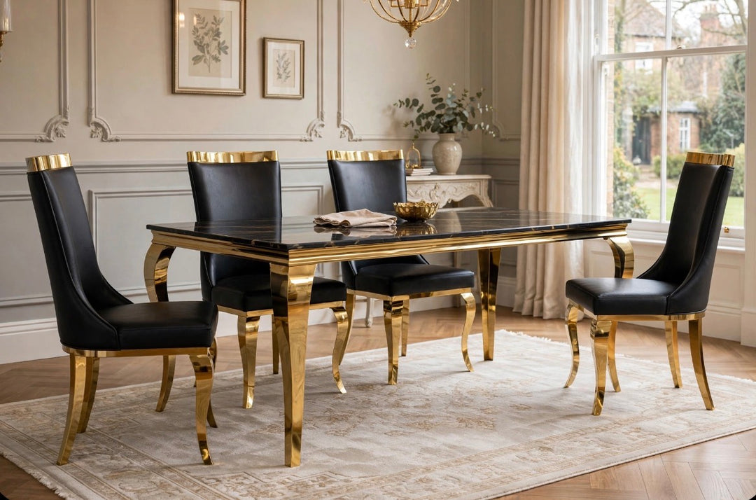Louise Cream & Gold Marble Dining Table with Roxby Cream & Gold Dining Chairs