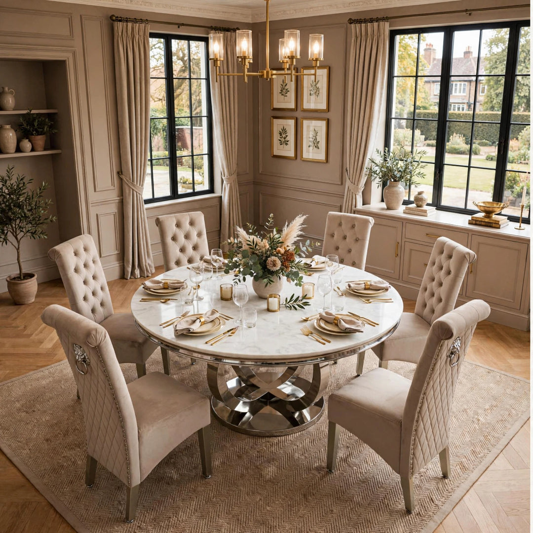 130cm Round Pedestal Dining Table With Sofia Lion Knocker Chairs 6 Seater