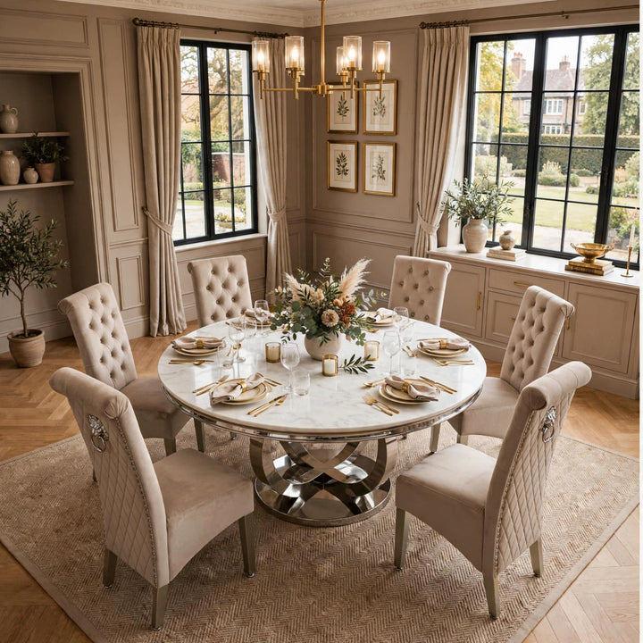 130cm Round Pedestal Dining Table With Sofia Lion Knocker Chairs 6 Seater