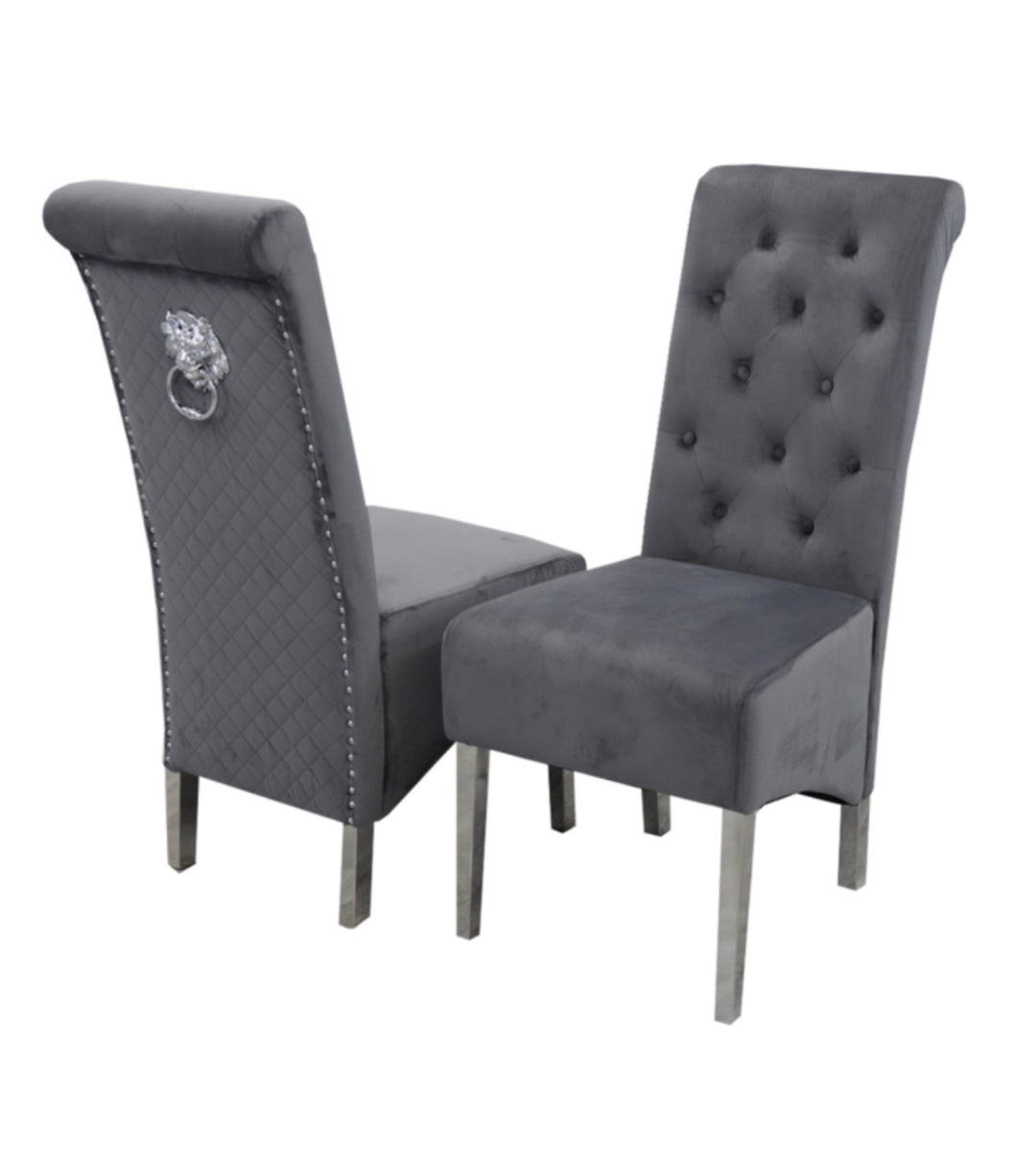 Rose 180cm Grey Marble Dining Table With Lion Knocker Dining Chairs